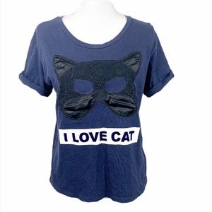 B+AB Shirt Women Medium Blue I Love Cat Short Sleeve Tee Mask Graphic Casual